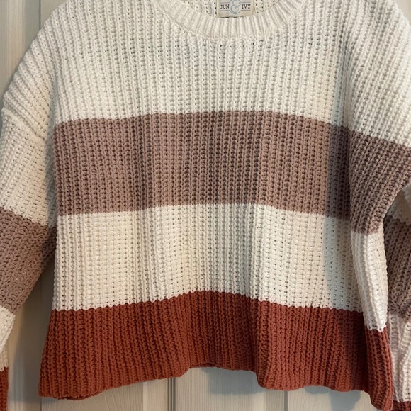 Jun & Ivy Striped Chenille Sweater Cream‎ Brown Rust Cropped M Cozy Fall Vibes - Picture 2 of 8